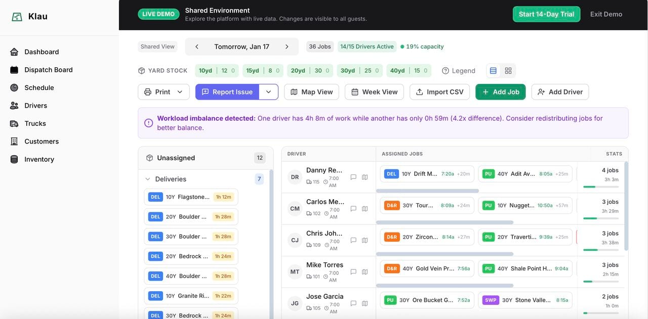 The Klau dispatch board in a live demo, with unassigned deliveries on the left, drivers and their assigned jobs in rows, and a notice about a workload imbalance between drivers
